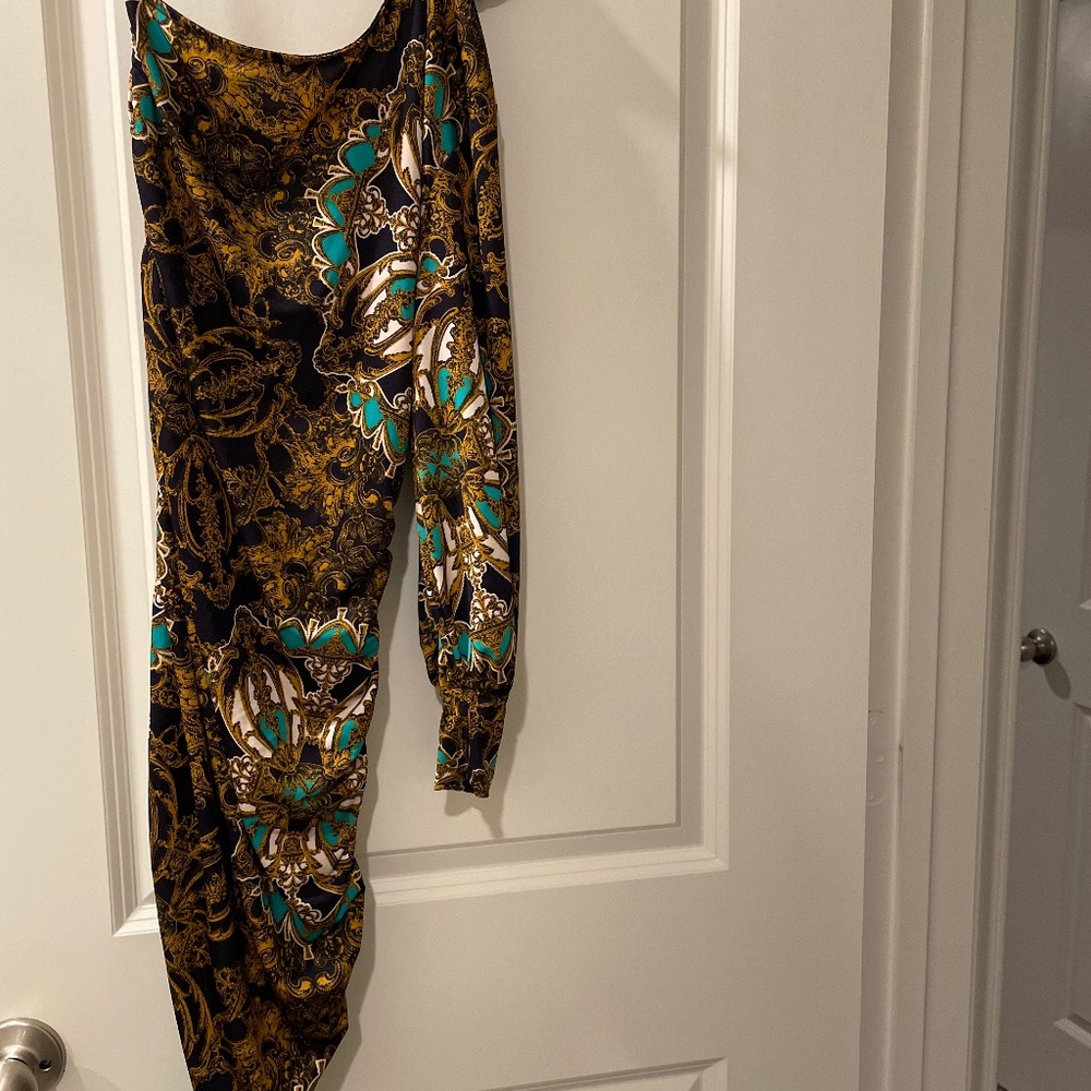 BEAUTIFUL NAVY, Gold, and Green print asymmetrical sleeve dress , STRETCHY